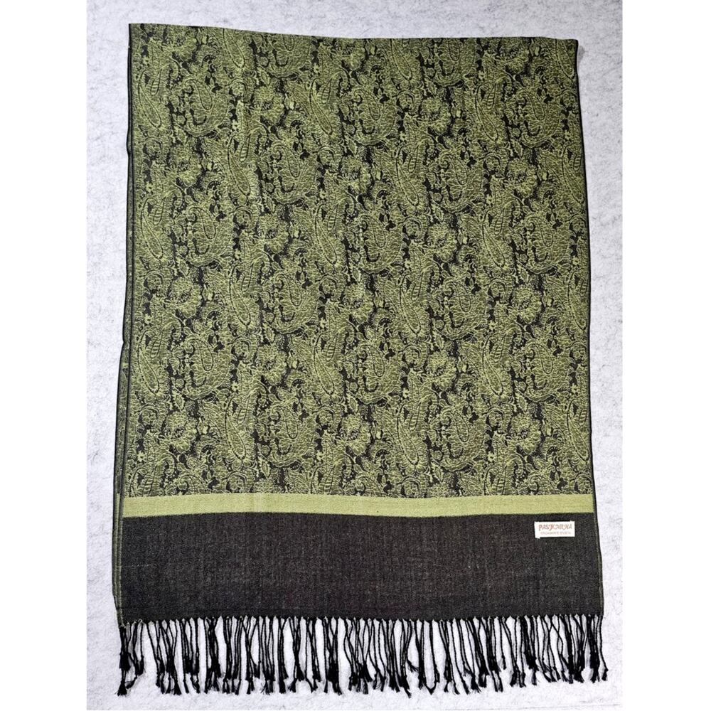 Pashmina Scarf /Wrap 70% Cashmere, 30% Silk Green Jacquard Fringe 28x72 New - Picture 2 of 6